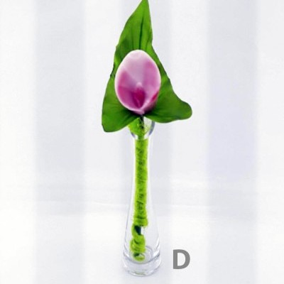 Vaso estreito com flor cor-de-rosa e folhas verdes num fundo branco