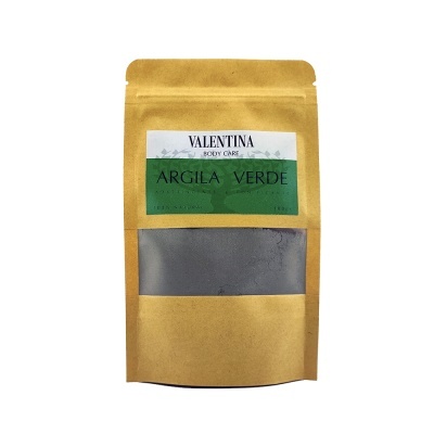 Saco de papel castanho com argila verde e etiqueta VALENTINA BODY CARE ARGILA VERDE
