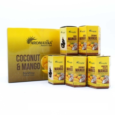 Pacote e caixas amarelas de cones de incenso Aromatika coconut & mango