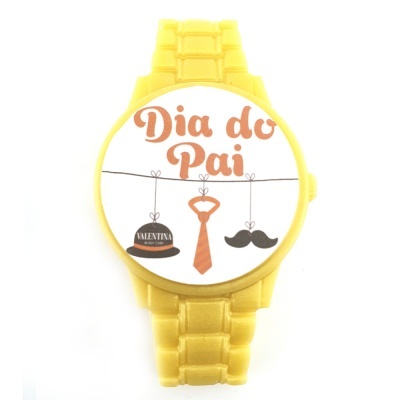 Relógio amarelo com mostrador branco e ilustrações de Dia do Pai.