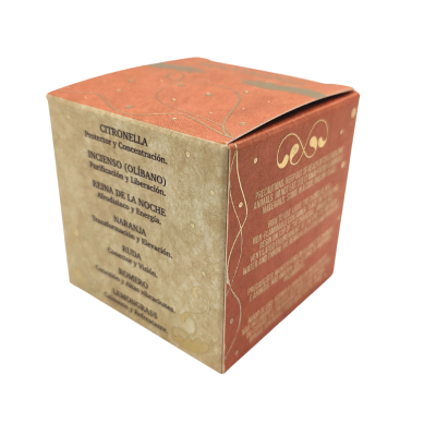 Embalagem cúbica de produto aromático com lista de aromas em espanhol e design floral em tons terra