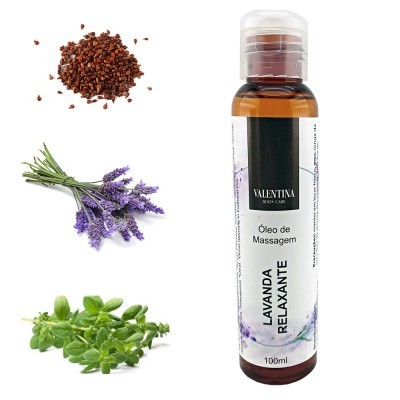 Frasco de óleo de massagem lavanda relaxante com lavanda, folhas verdes e sementes