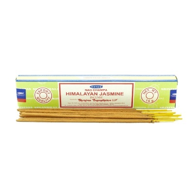 Caixa de incenso Himalayan Jasmine Nag Champa com bastões castanhos e puntas amarelas