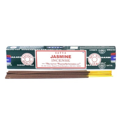 Incenso Satya Jasmine com embalagem azul e varas marrons com pontas amarelas