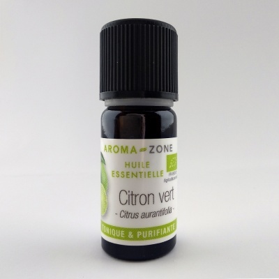 Frasco de óleo essencial de citron vert com rótulo branco e texto verde e preto