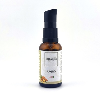 frasco de óleo de argão Valentina Body Care em fundo branco