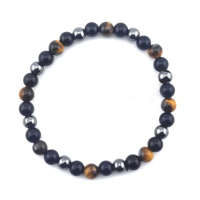 Pulseira de contas pretas, castanhas e prateadas com textura lisa