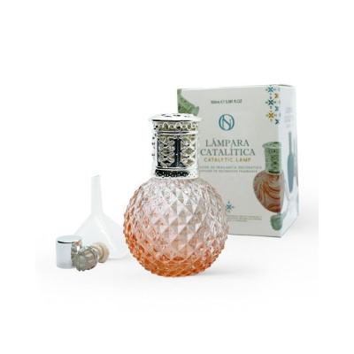Lâmpada catalítica de vidro cor de laranja com tampa metálica e embalagem