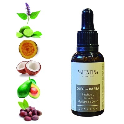 Frasco de óleo de barba Valentina Body Care com ingredientes naturais ao lado