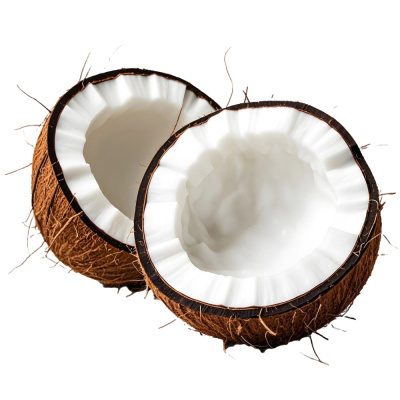 Metades de coco com interior branco e casca castanha áspera