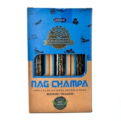 Caixa de incenso Nag Champa ULLAS azul e castanha com varinhas visíveis