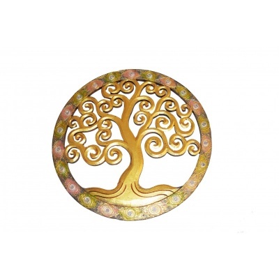 Adorno circular em metal dourado com árvore estilizada e borda colorida