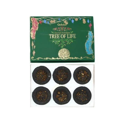 Pack de incensos Goloka TREE OF LIFE com seis pastilhas em caixa verde decorada