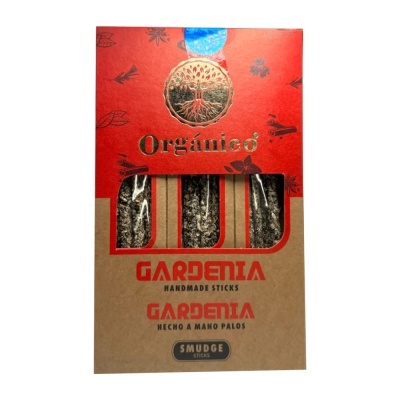 Embalagem de incensos orgânicos Gardenia com design vermelho e castanho