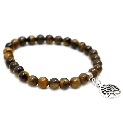 Pulseira de contas castanhas com pendente árvore da vida prateado