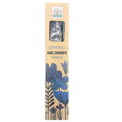Embalagem de incenso Natural Nag Champa Masala com ilustrações florais azuis