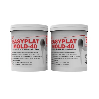 Dois recipientes brancos de silicone de platino translúcido EASYPLAT com rótulos vermelhos