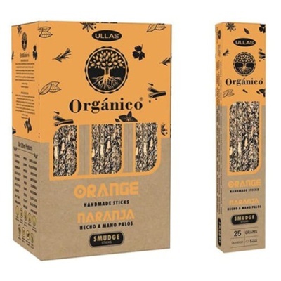 Caixa e pacote de varetas de defumação aroma laranja ULLAS em embalagens laranja e castanho
