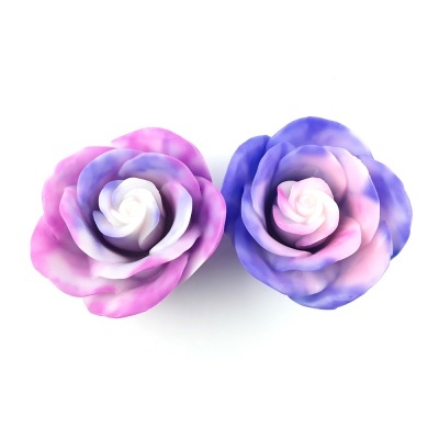 Duas flores artificiais coloridas em forma de rosa sobre fundo branco