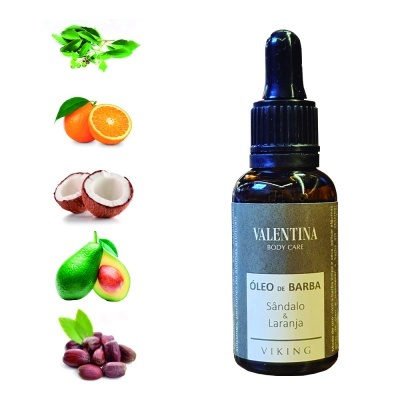 Frasco de óleo de barba Valentina com imagens de ingredientes naturais.