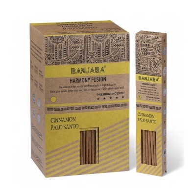 Conjunto de incenso Banjara Harmony Fusion com embalagem em cartão reciclado e detalhes amarelos