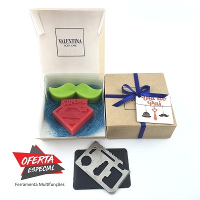 Caixa de sabonetes e pacote embrulhado com etiqueta Dia do Pai, ferramenta multifunções