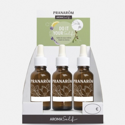 Conjunto de três frascos âmbar com conta-gotas em embalagem PRANARÔM AROMA Self