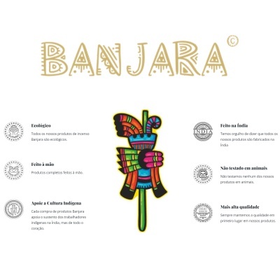 Logotipo BANJARA com adorno colorido e texto informativo em português