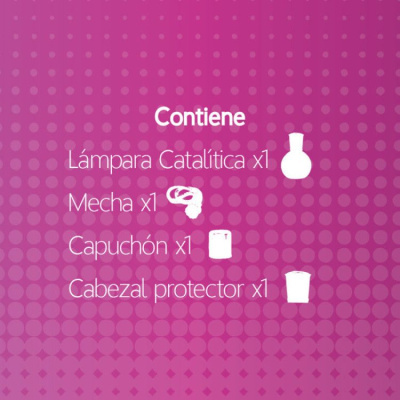 Lista de conteúdo em fundo rosa com pontos: Lámpara Catalítica x1, Mecha x1, Capuchón x1, Cabezal protector x1