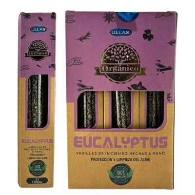 Incenso eucalyptus em caixas rosa e castanha da marca ULLAS com janela a mostrar varinhas pretas