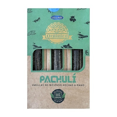 Embalagem de incenso orgânico Ullas Patchuli com varinhas visíveis