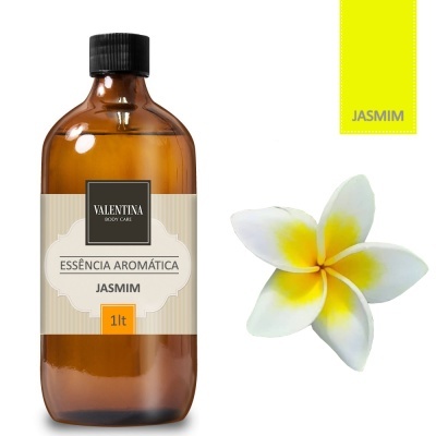 Frasco âmbar com essência aromática jasmim e flor jasmim branca e amarela