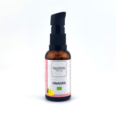 Frasco de vidro âmbar com doseador preto e rótulo branco e rosa Valentina Body Care Onagra