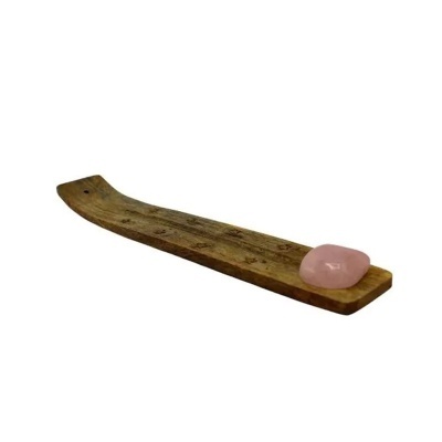 Incensário de madeira com cristal rosa polido numa extremidade