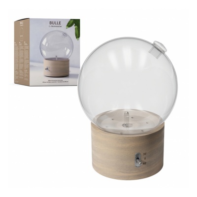 Lâmpada arredondada com base de madeira e esfera transparente