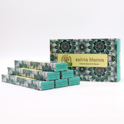 Caixas de incenso Salvia Blanca com padrão floral e texto em fundo amarelo