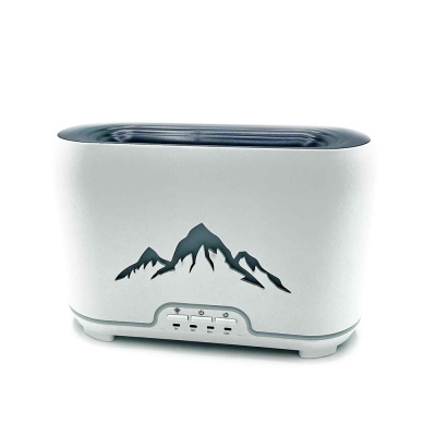 Dispositivo elétrico branco com recorte de montanha preta e botões frontais