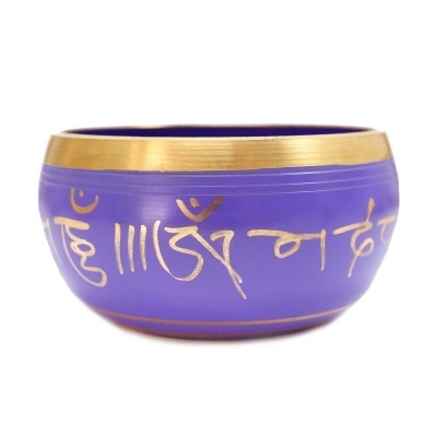 Tigela roxa com símbolos dourados e borda dourada