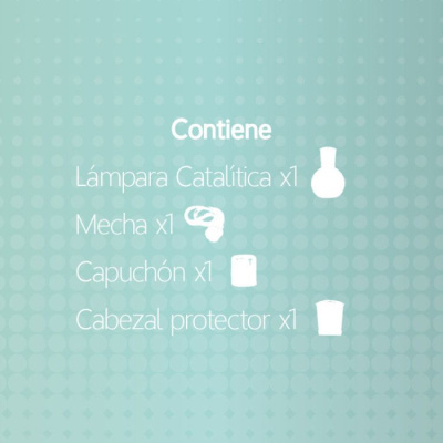 Lista de componentes em espanhol sobre fundo azul com padrão de pontos