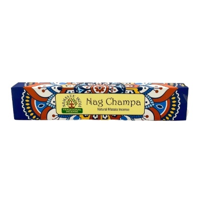 Caixa de incenso Nag Champa com design colorido e texto na etiqueta