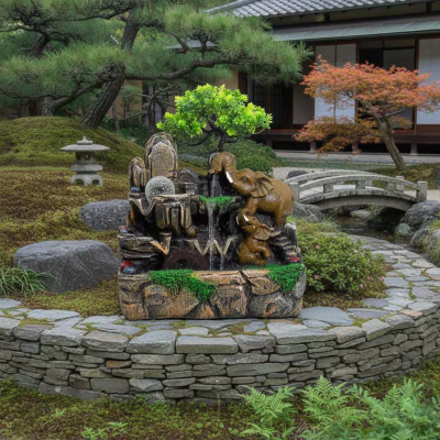Fonte decorativa de resina com elefantes e árvore em jardim zen japonês