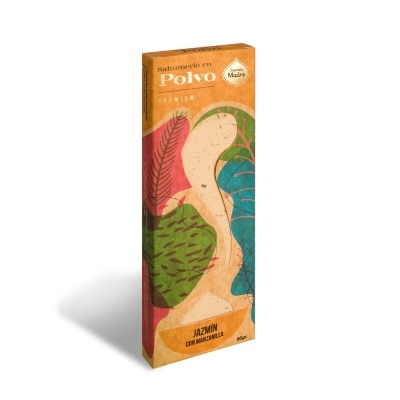 Embalagem de incenso em pó com folhas coloridas e texto