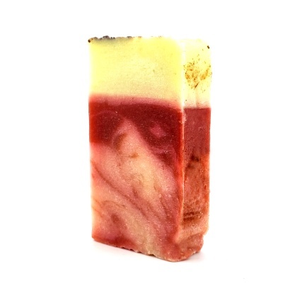 Sabonete artesanal retangular tricolor creme, vermelho e rosa marmoreado