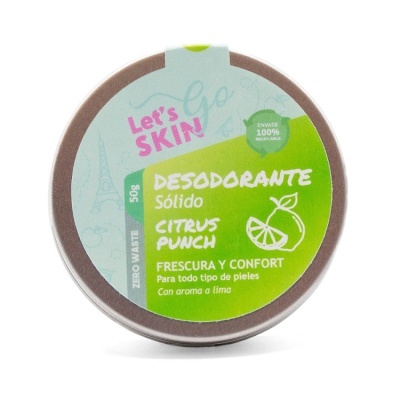 Embalagem redonda de desodorante sólido citrus punch com textos em verde e branco