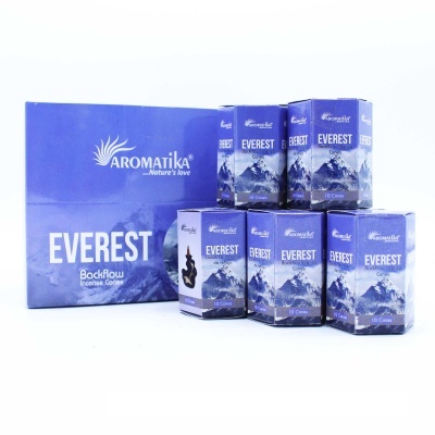 Embalagens azuis de incenso Aromatika Everest com design de montanhas brancas