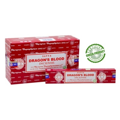 Caixa de incenso Satya Dragon's Blood vermelha com selo certificado de produto verde.
