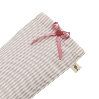 Manga de tecido listrado creme e rosa com laço rosa e etiqueta Bicand