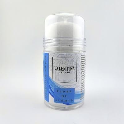 Desodorizante pedra de alúmen Valentina Body Care com rótulo azul e branco