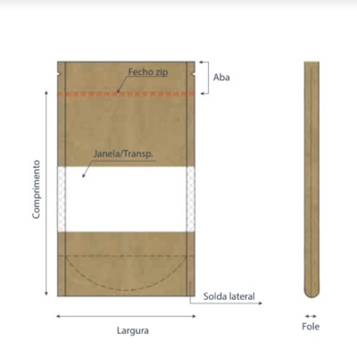 Desenho técnico de saco plástico com fecho zip e janela transparente