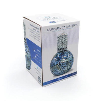 Caixa de lâmpada catalítica decorativa azul e cinzenta com texto em português